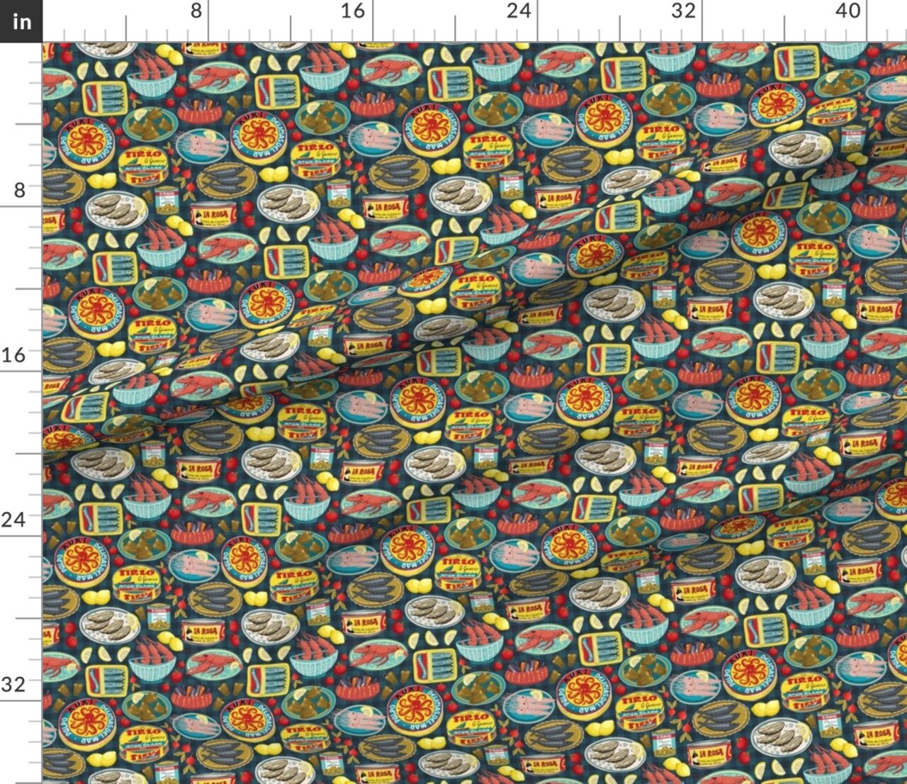 Retro Food Picoteo Seafood Yellow Blue Red Green Shrimp Prawn Chef Kitchen Custom Printed Fabric by Spoonflower Various Fabrics by the Yard or Fat Quarter